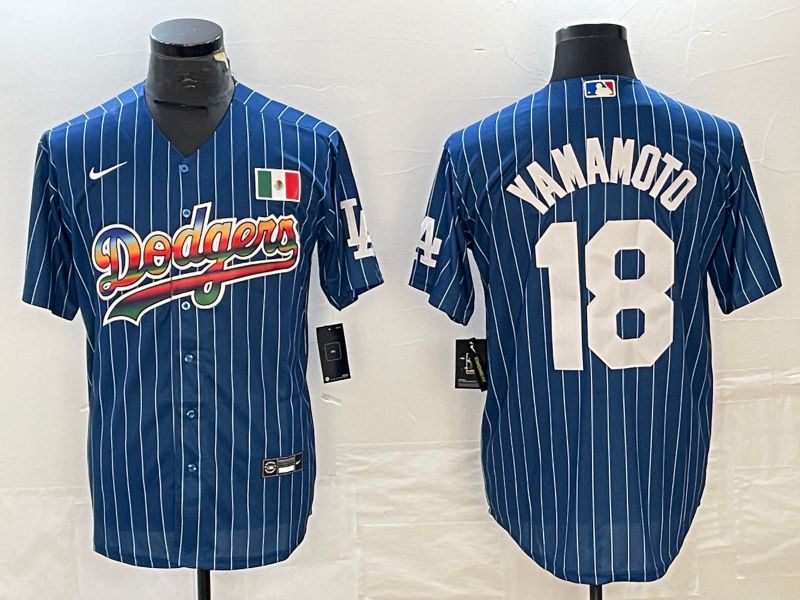 Men Los Angeles Dodgers #18 Yamamoto Blue stripe Nike Game MLB Jersey style 1